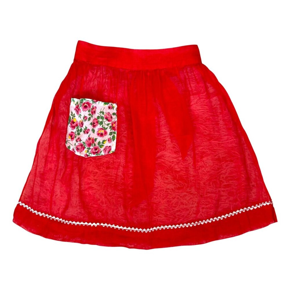 Vintage Hostess Half Apron Nylon Sheer w Floral Pocket & Ric‎ Rac Trim Handmade